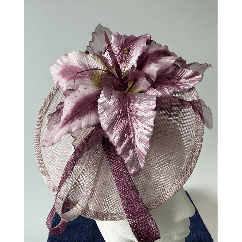 Lilac Disc Fascinator with handmade silk tiger lily