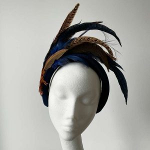 Navy Velvet Headband with Pheasant Feathers