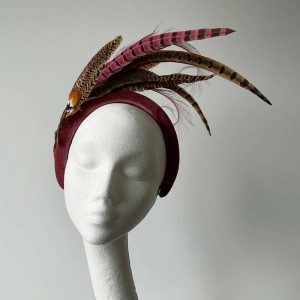 Rose Pink Velvet Headband with Pheasant Feathers