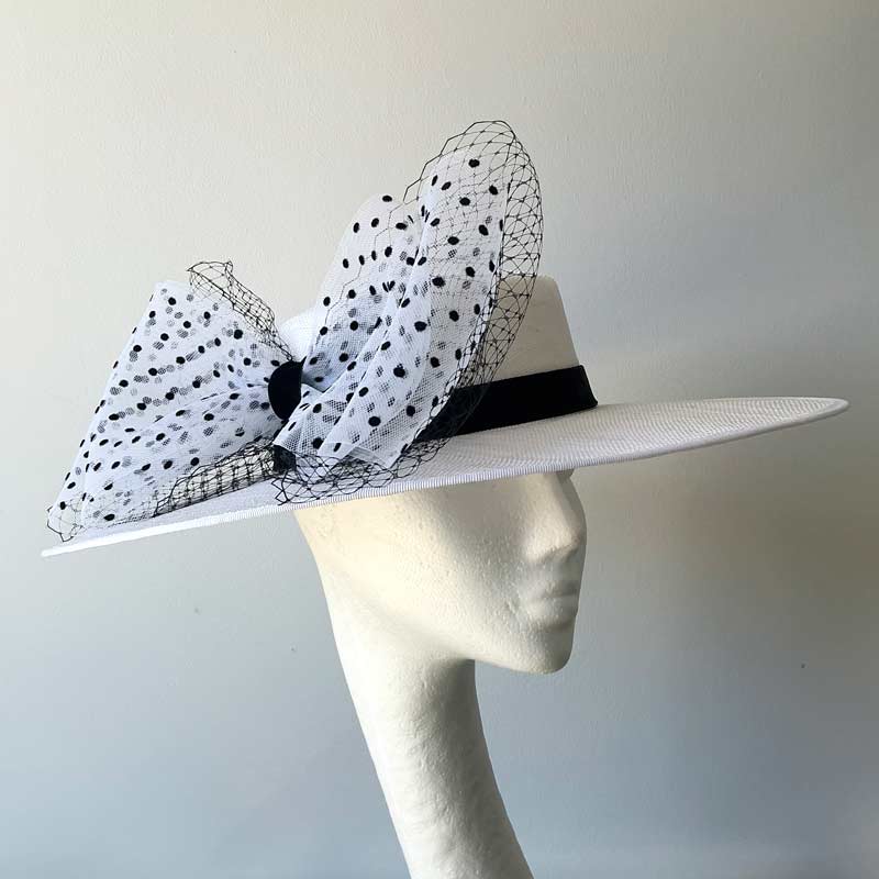 White boater with polka dot bow