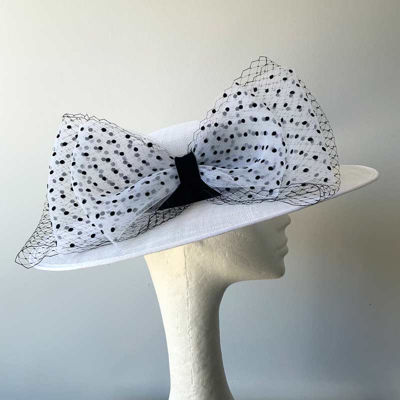 White boater with polka dot bow