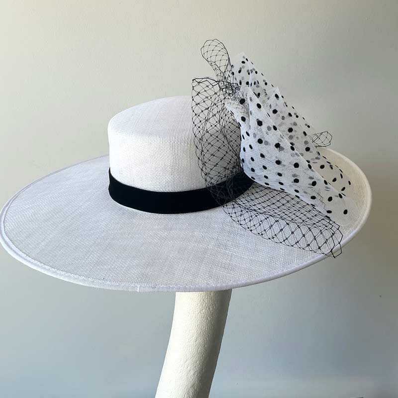 White boater with polka dot bow
